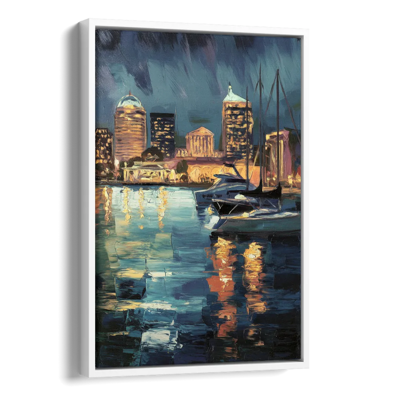 Baltimore Harbor Nightscape Side - White Canvas Wall Art