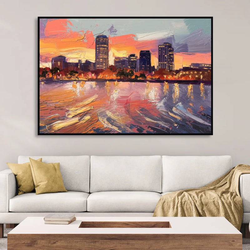 Baltimore Inner Harbor Sunset Sitting Room - Black Canvas Wall Art