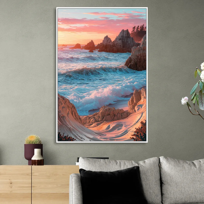Bandon Beach Waves Living Room - White Canvas Wall Art