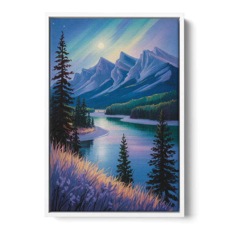 Banff National Park at Night Front - White Canvas Wall Art
