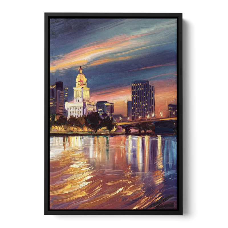Baton Rouge Cityscape Twilight Front - Black Canvas Wall Art