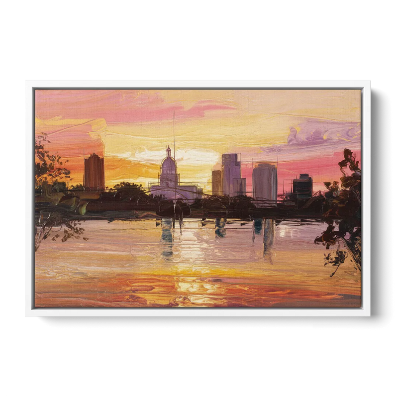 Baton Rouge Skyline Sunset Front - White Canvas Wall Art
