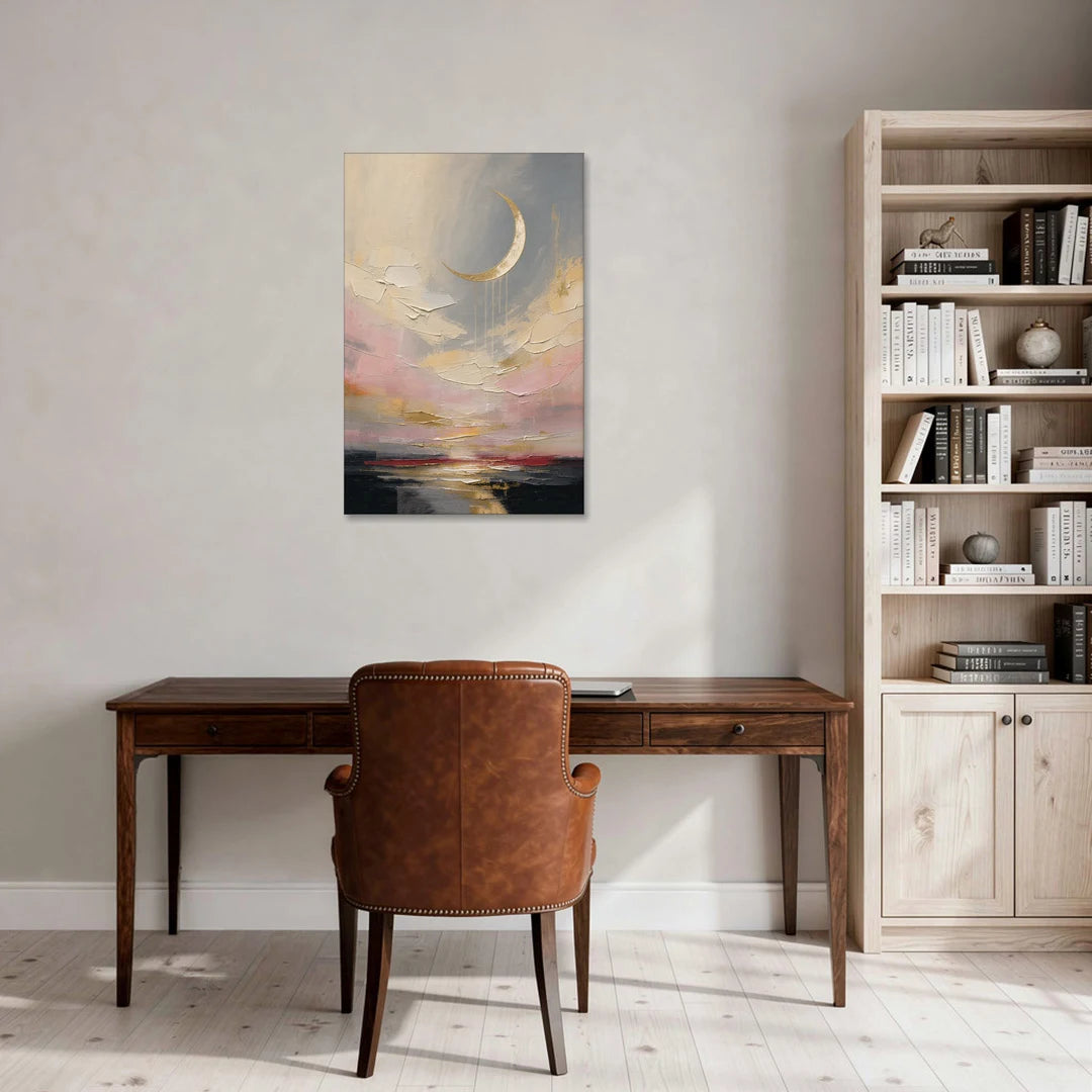 Bedroom Wall Art Neutral Crescent Moon at Dusk - Canvas Wall Art - Office - 24x36