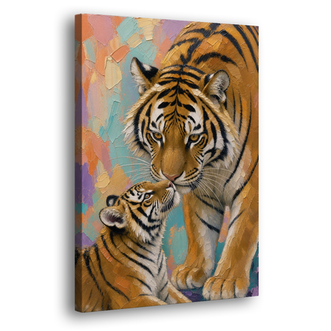 Impasto Big Cat Mother and Cub Nuzzle - Canvas Wall Art