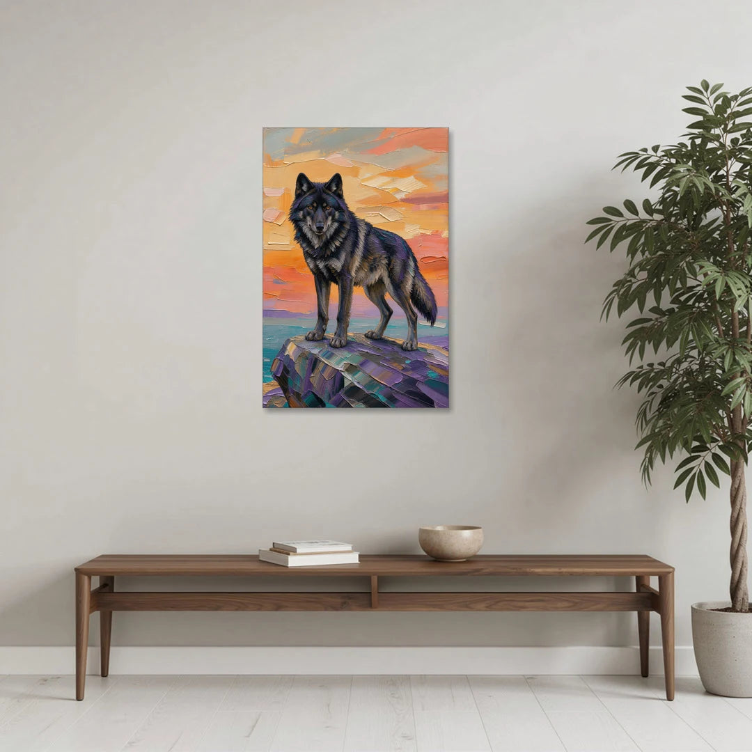 Black Wolf Painting on Granite at Sunset - Canvas Wall Art - Coffee Table - 24x36