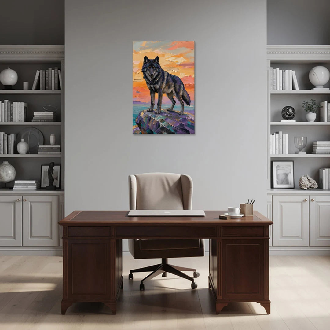 Black Wolf Painting on Granite at Sunset - Canvas Wall Art - Office - 24x36