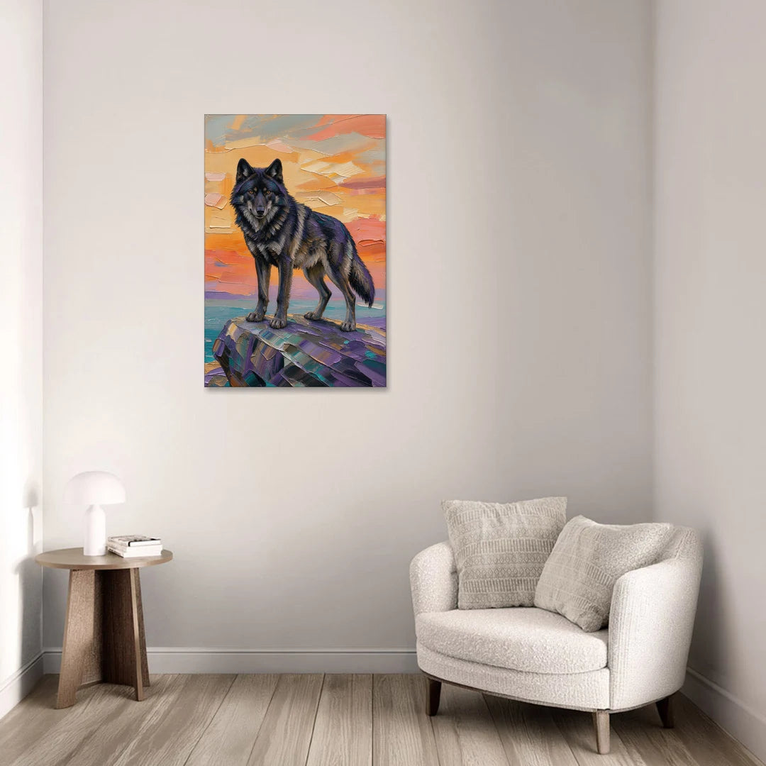 Black Wolf Painting on Granite at Sunset - Canvas Wall Art - Sofa - 24x36