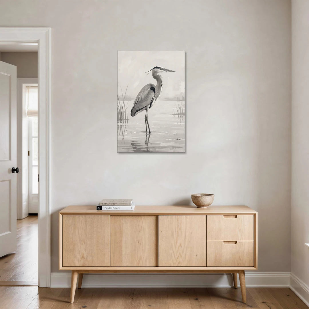 Black and White Bird Painting of a Marsh Heron - Canvas Wall Art - Coffee Table - 24x36