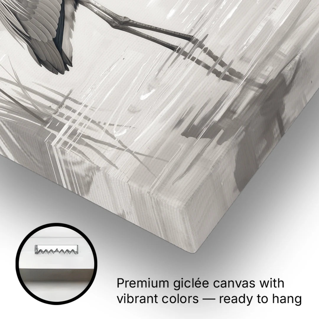 Black and White Bird Painting of a Marsh Heron - Canvas Wall Art - Gallery Wrap Corner