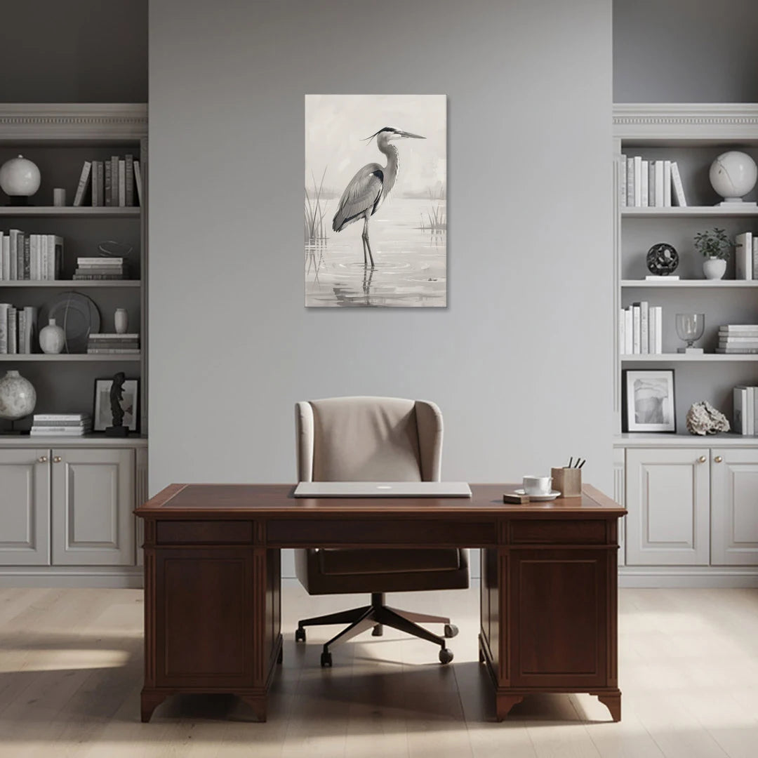 Black and White Bird Painting of a Marsh Heron - Canvas Wall Art - Office - 24x36