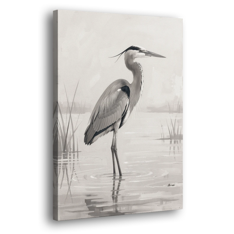 Black and White Bird Painting of a Marsh Heron - Canvas Wall Art