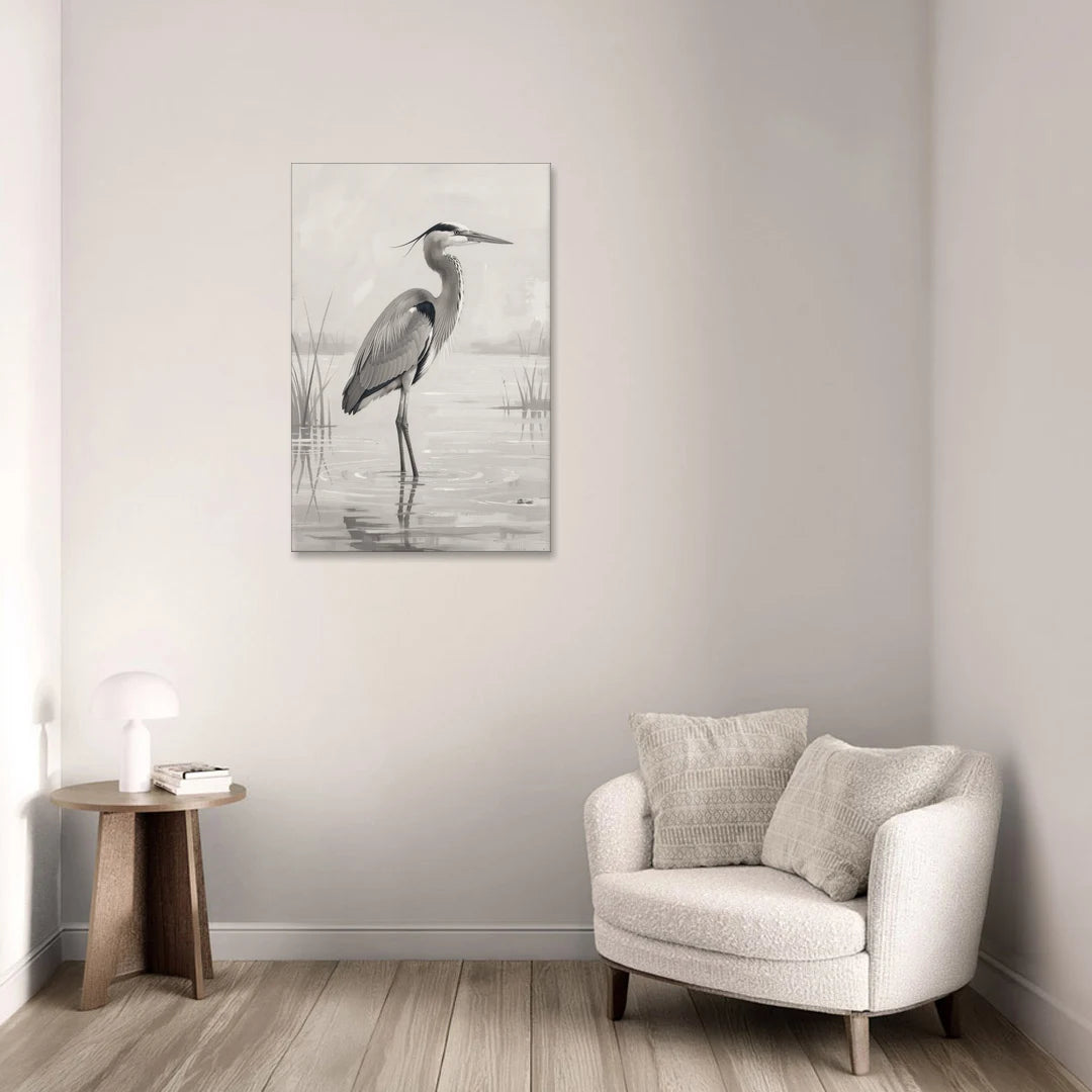 Black and White Bird Painting of a Marsh Heron - Canvas Wall Art - Sofa - 24x36