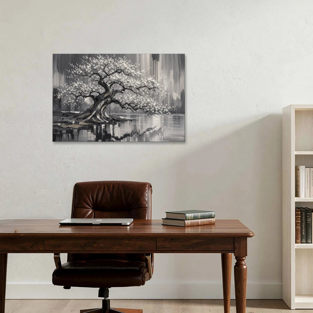 Black and White Cherry Blossom Over a Still Pond - Canvas Wall Art - Office - 36x24