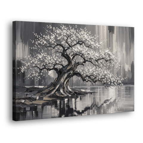 Black and White Cherry Blossom Over a Still Pond - Canvas Wall Art