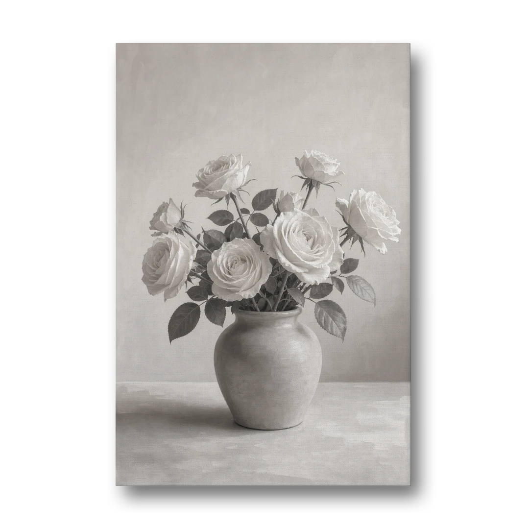 Black and White Garden Roses in a Stone Vase - Canvas Wall Art - Front
