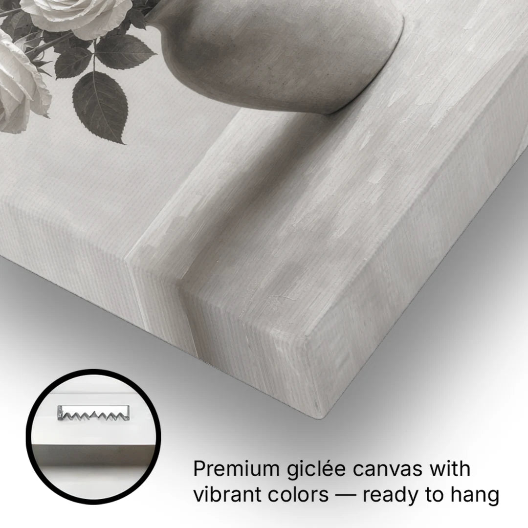 Black and White Garden Roses in a Stone Vase - Canvas Wall Art - Gallery Wrap Corner