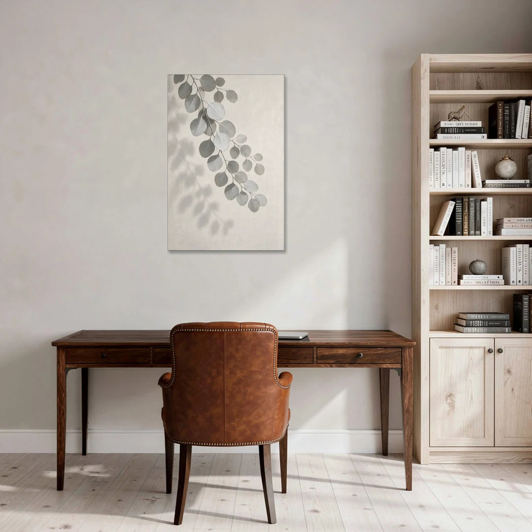 Black and White Hanging Eucalyptus Branch - Canvas Wall Art - Office - 24x36