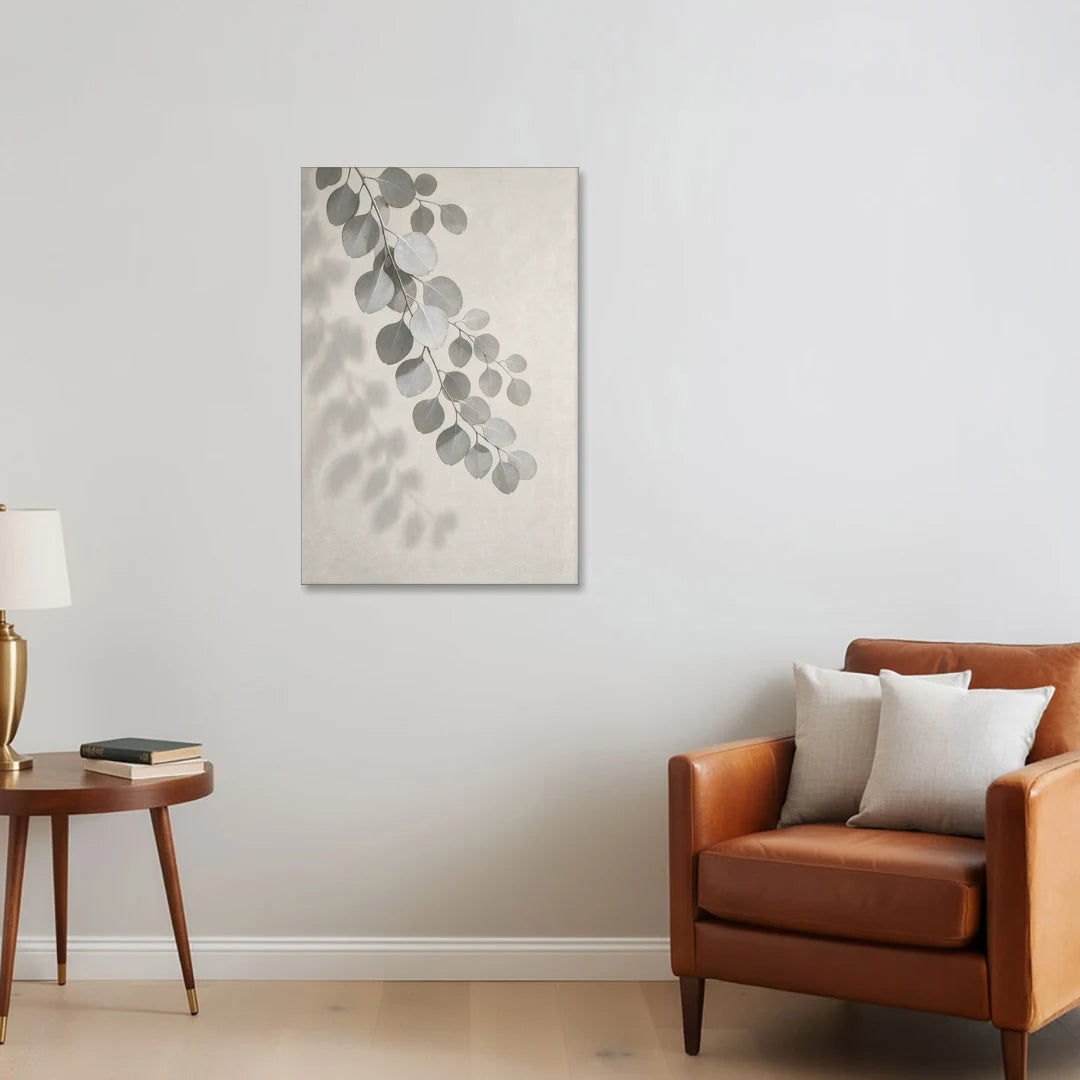 Black and White Hanging Eucalyptus Branch - Canvas Wall Art - Sofa - 24x36