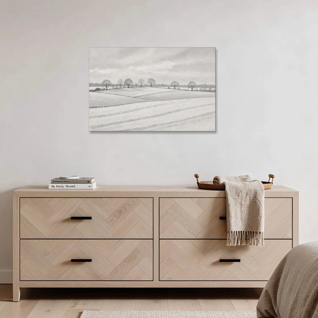 Black and White Landscape Painting of Snowy Fields - Canvas Wall Art - Coffee Table - 36x24