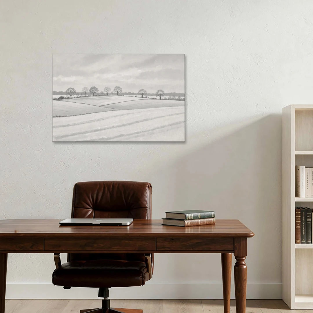 Black and White Landscape Painting of Snowy Fields - Canvas Wall Art - Office - 36x24