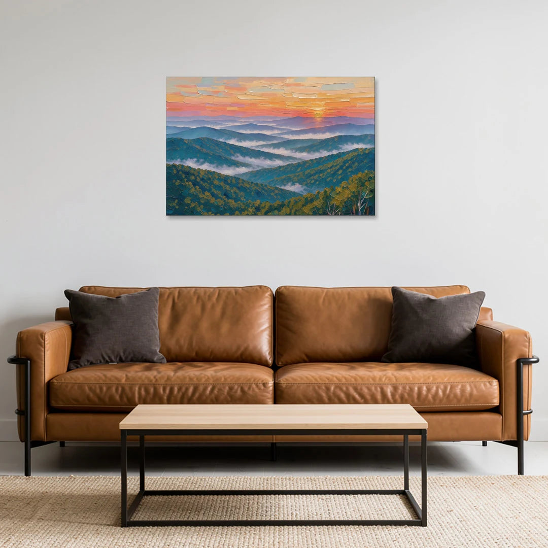 Blue Ridge Mountains Painting at Sunrise - Canvas Wall Art - Sofa - 36x24