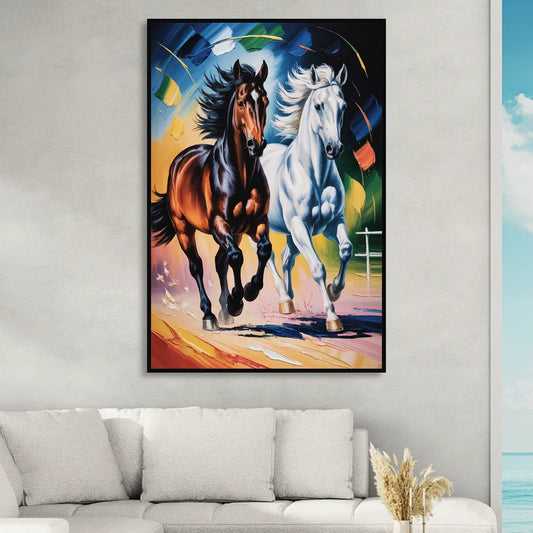 Bold Black and White Horse Duo Living Room - Black Canvas Wall Art