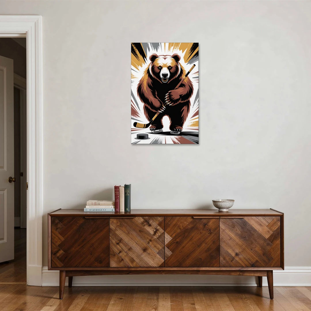 Boston Bruins Abstract Bear Art with Hockey Elements - Canvas Wall Art - Coffee Table - 24x36