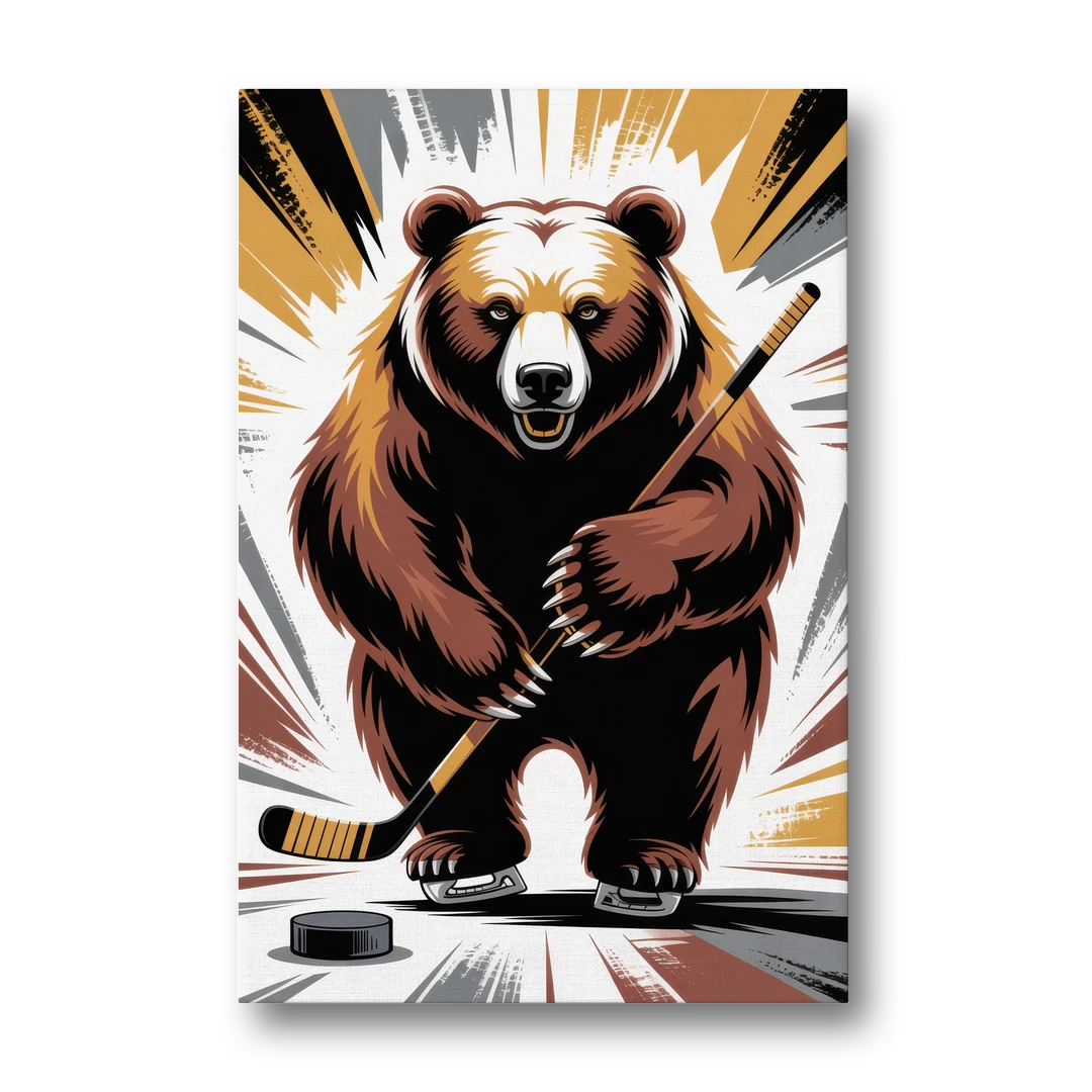 Boston Bruins Abstract Bear Art with Hockey Elements - Canvas Wall Art - Front
