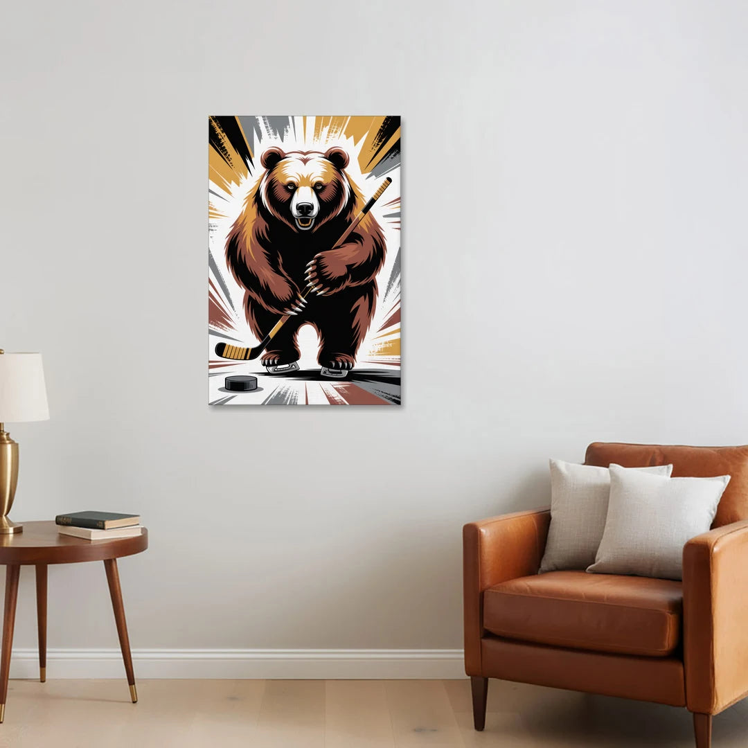 Boston Bruins Abstract Bear Art with Hockey Elements - Canvas Wall Art - Sofa - 24x36