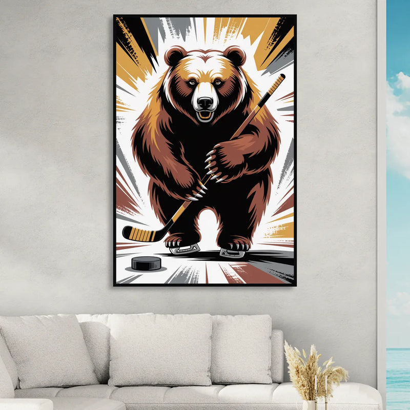 Boston Bruins Abstract Bear Art with Hockey Elements Living Room - Black Canvas Wall Art