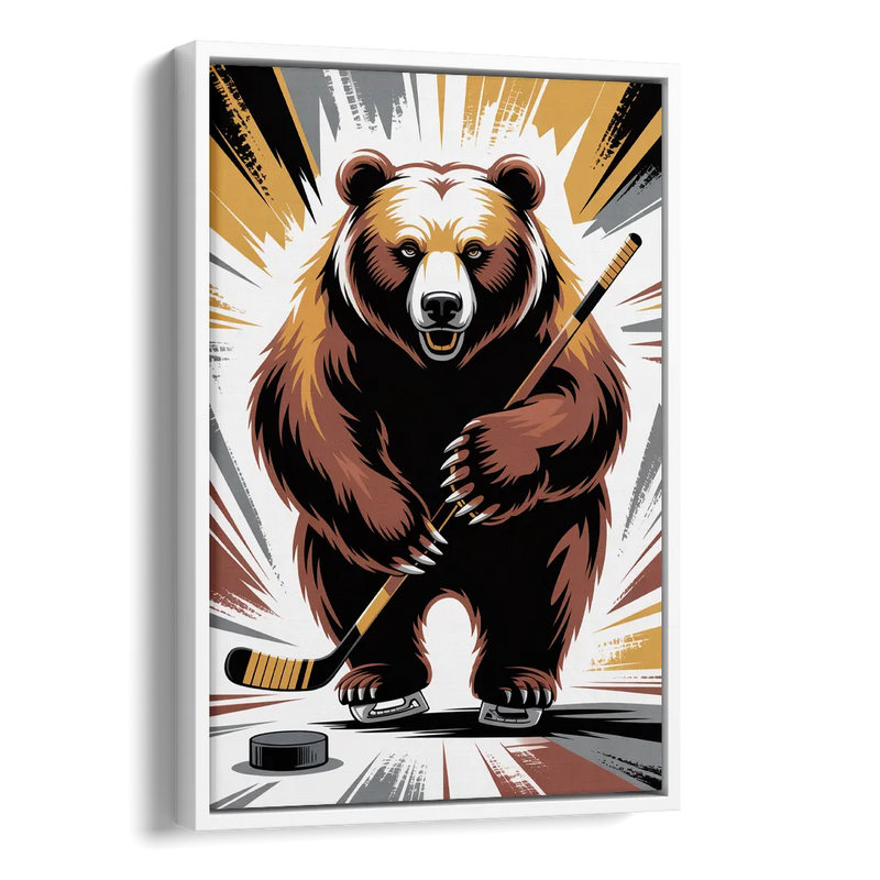 Boston Bruins Abstract Bear Art with Hockey Elements Side - White Canvas Wall Art