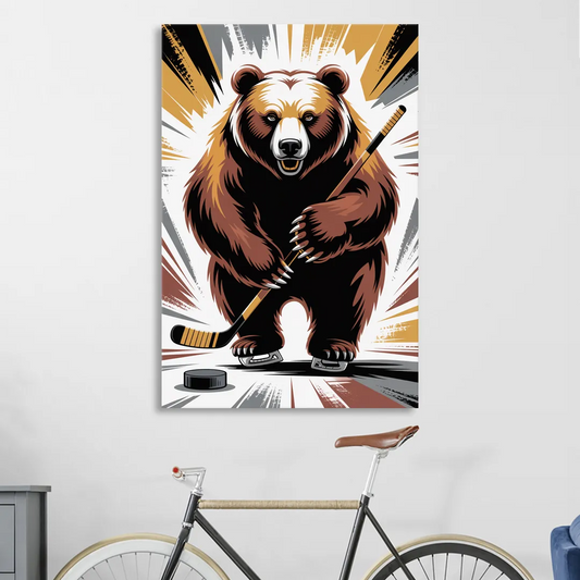 Boston Bruins Abstract Bear Art with Hockey Elements Living Room - Canvas Wall Art