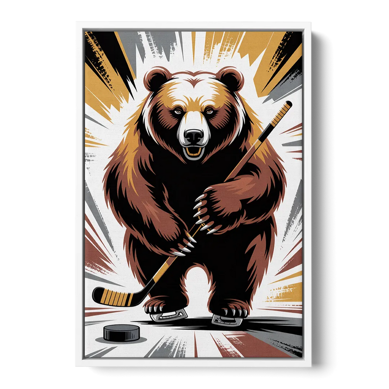 Boston Bruins Abstract Bear Art with Hockey Elements Front - White Canvas Wall Art