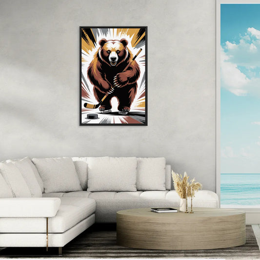 Boston Bruins Abstract Bear Art with Hockey Elements - Living Room Black Frame Canvas