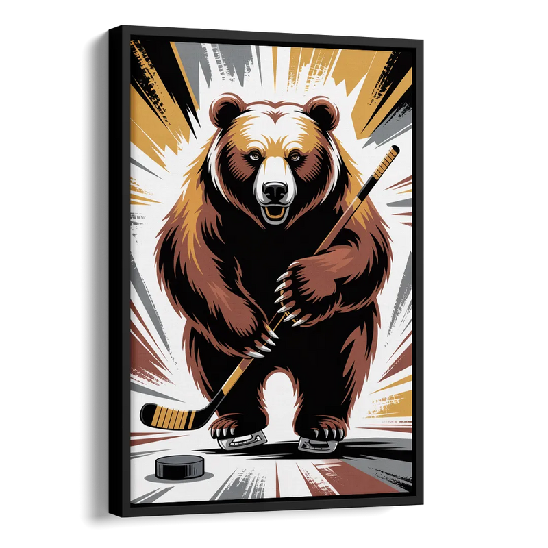 Boston Bruins Abstract Bear Art with Hockey Elements Side - Black Canvas Wall Art