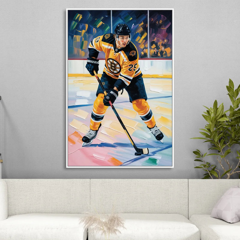 Boston Bruins Impressionistic Hockey Action Art Sitting Room - White Canvas Wall Art