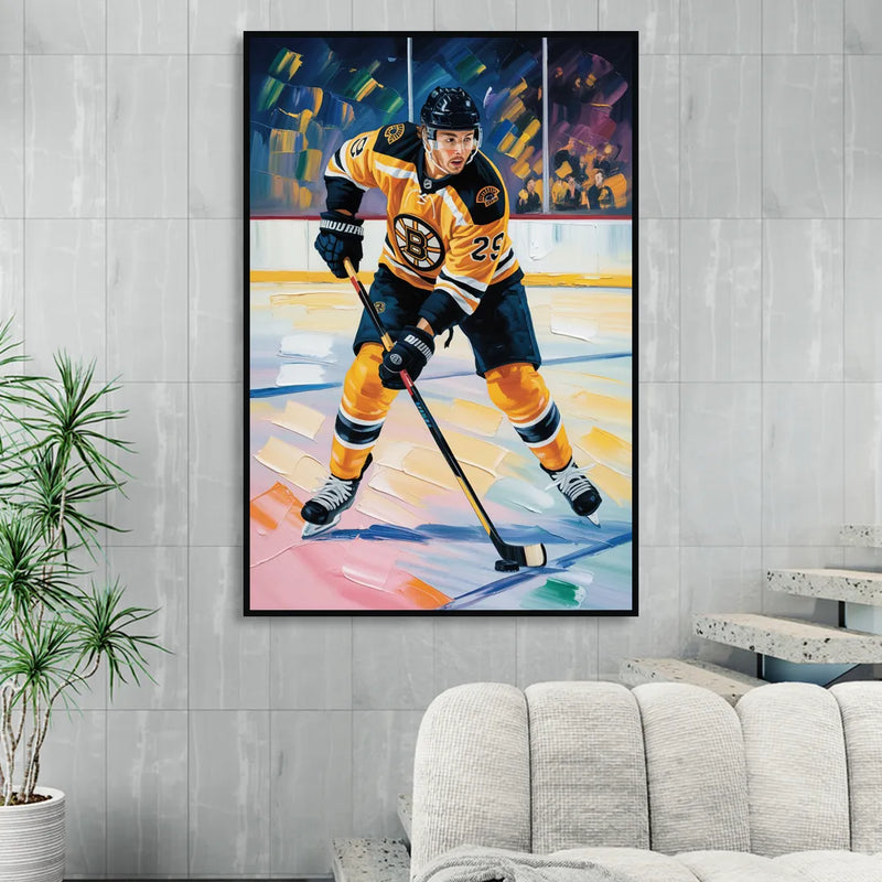 Boston Bruins Impressionistic Hockey Action Art Sitting Room - Black Canvas Wall Art