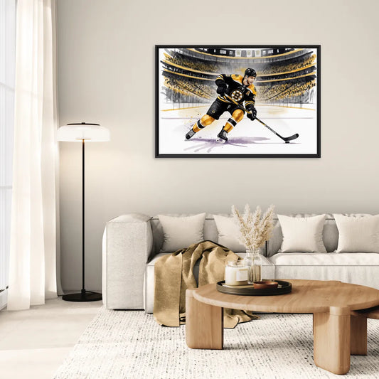 Boston Bruins Watercolor Dynamic Action at TD Garden - Living Room Black Frame Canvas