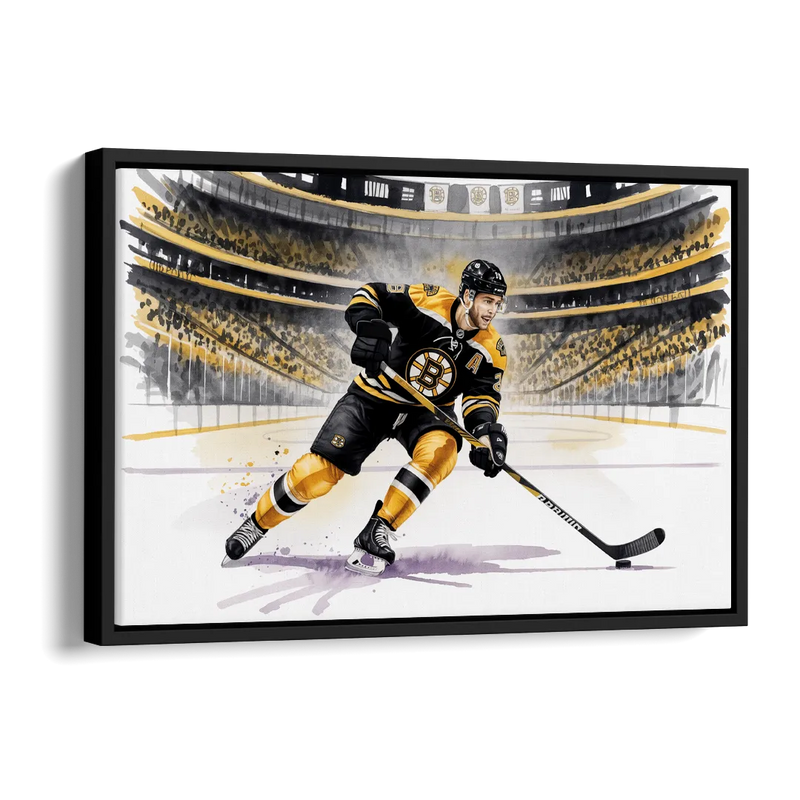 Boston Bruins Watercolor Dynamic Action at TD Garden Side - Black Canvas Wall Art
