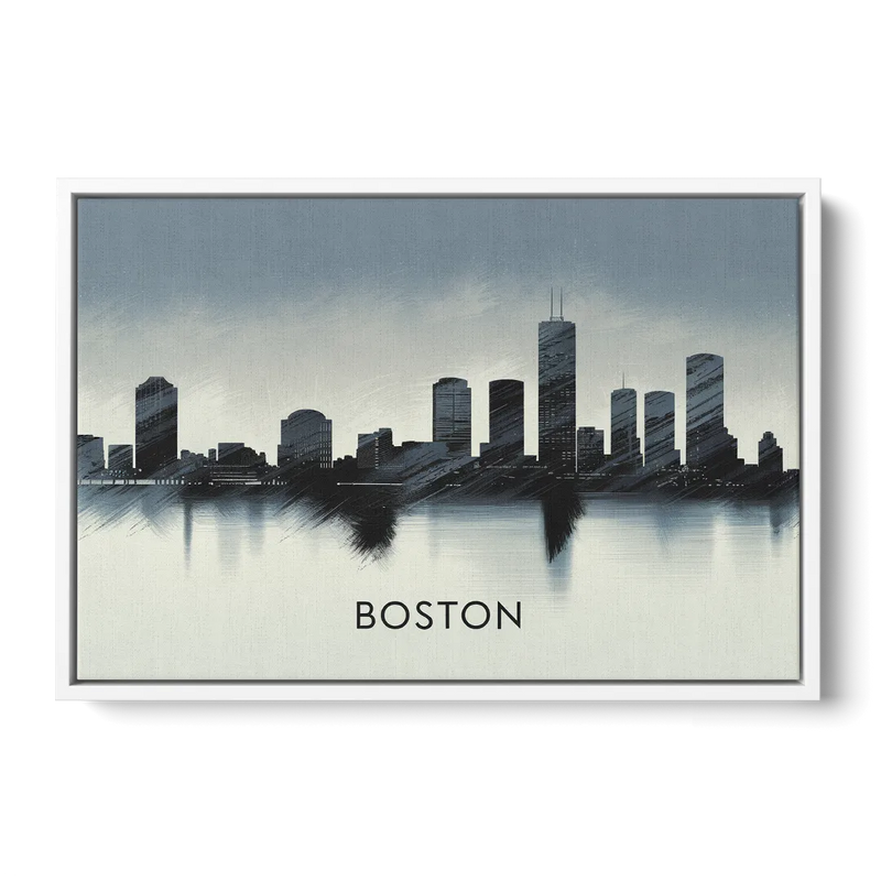 Boston Skyline In Fog Front - White Canvas Wall Art