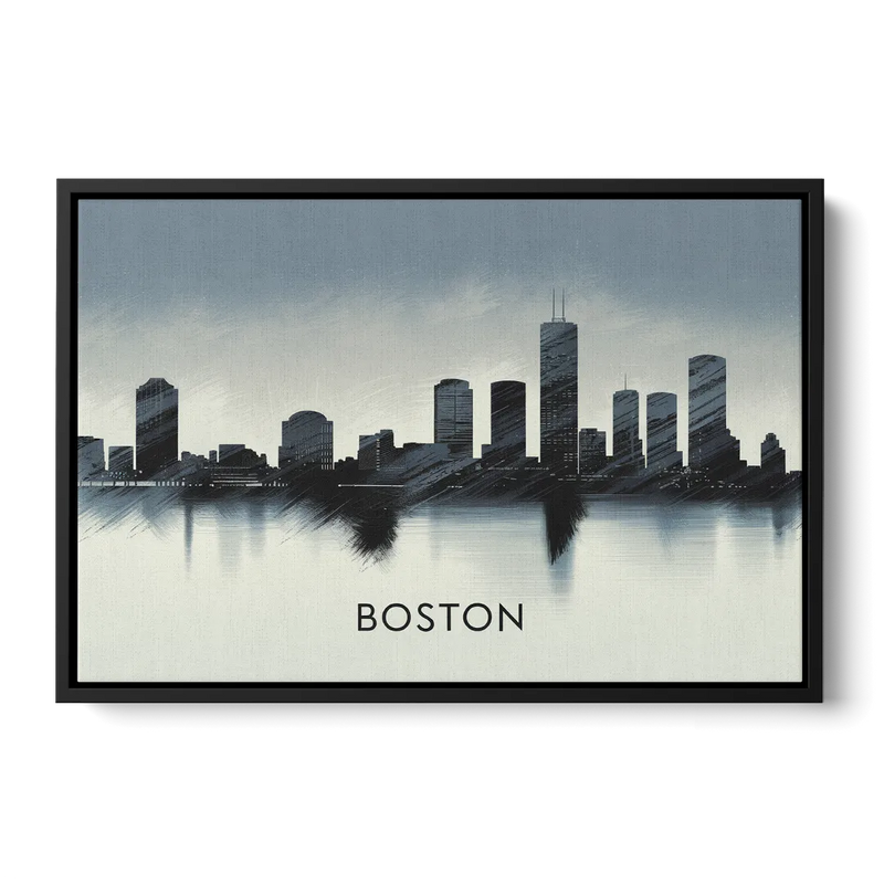 Boston Skyline In Fog Front - Black Canvas Wall Art