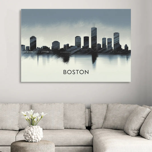 Boston Skyline In Fog Living Room - Canvas Wall Art