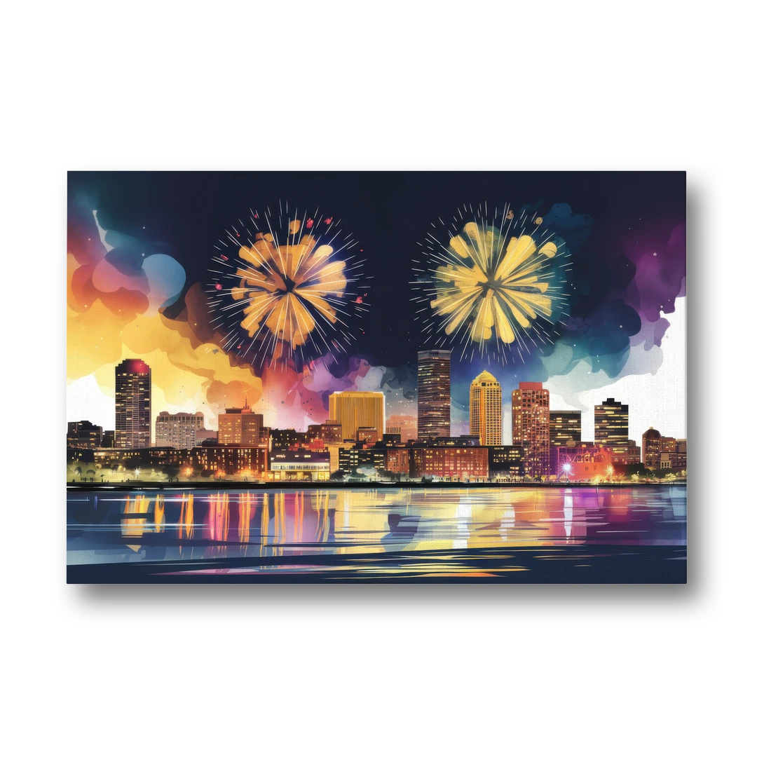 Boston Skyline With Fireworks - Canvas Wall Art - Front