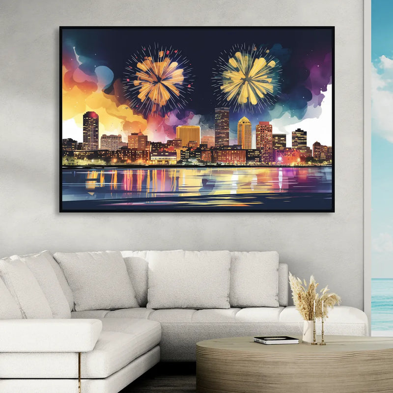 Boston Skyline With Fireworks Sitting Room - Black Canvas Wall Art