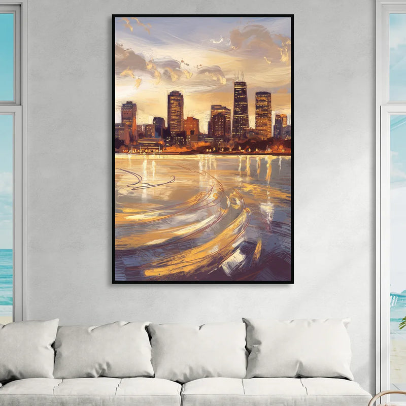 Boston Skyline with Charles River Living Room - Black Canvas Wall Art