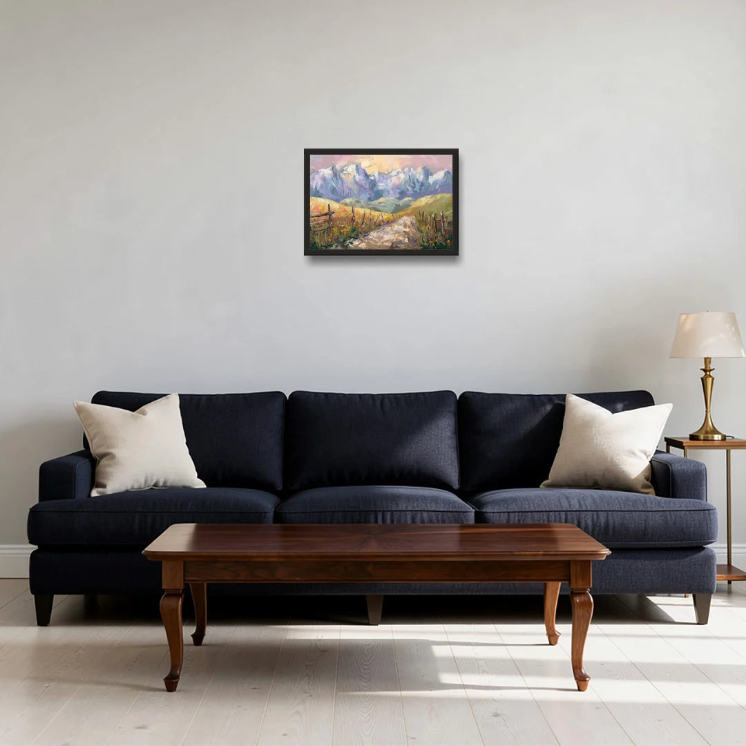 Bozeman Mountain Views - Black Framed Canvas Wall Art - Sofa - 18x12