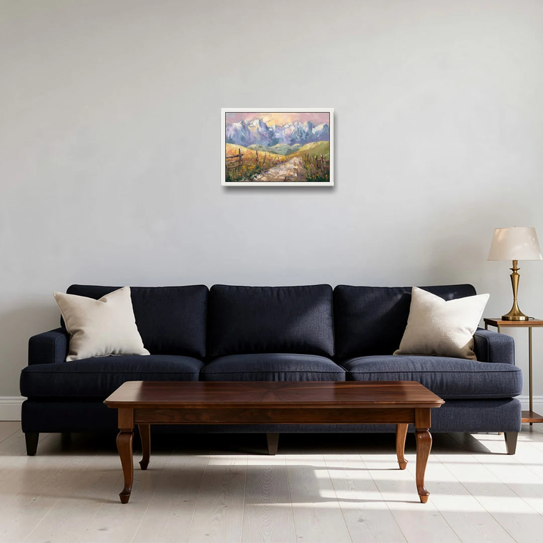 Bozeman Mountain Views - White Framed Canvas Wall Art - Sofa - 18x12