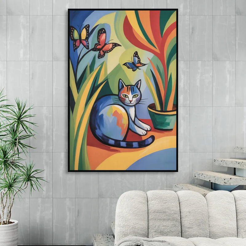 Breezy Cat Garden Sitting Room - Black Canvas Wall Art
