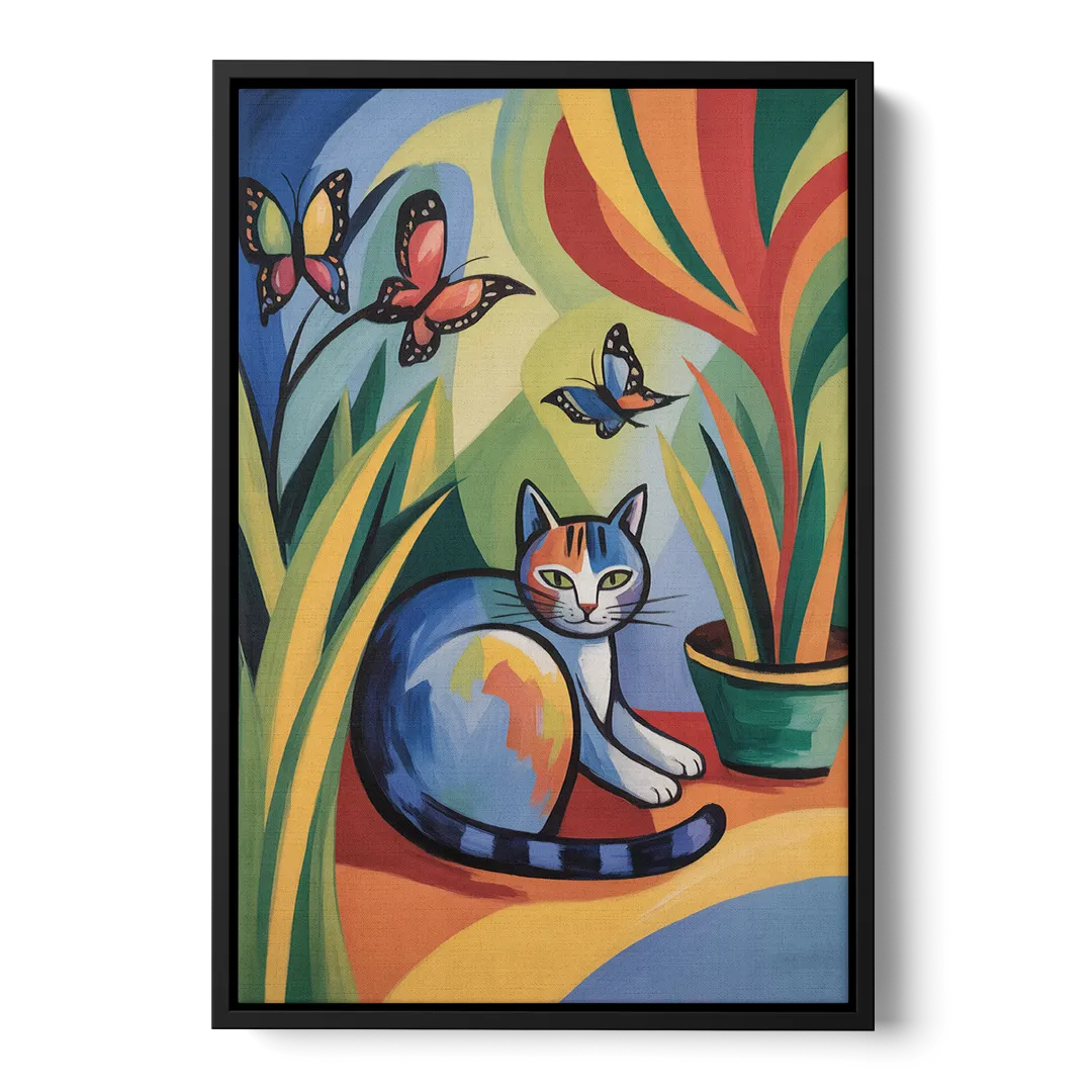 Breezy Cat Garden - Black Frame Canvas