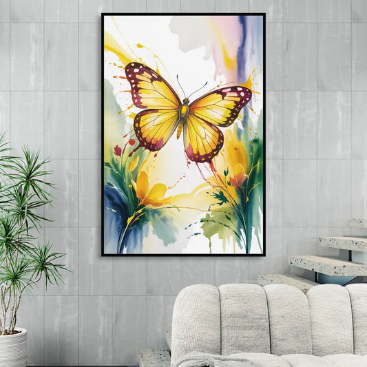 Bright Yellow Butterfly Living Room - Black Canvas Wall Art